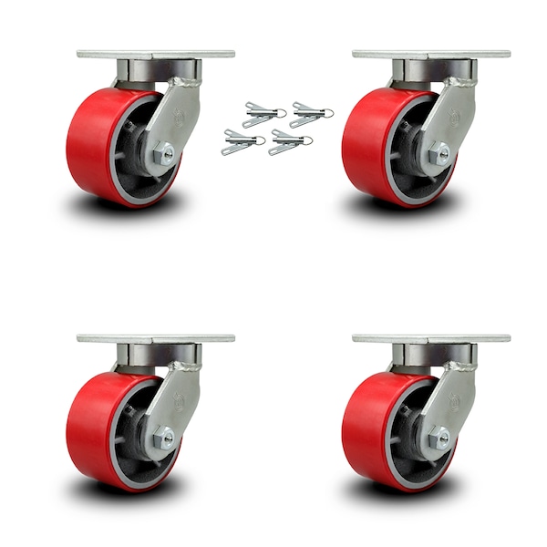 6 Inch Heavy Duty Red Poly on Cast Iron Caster Set with Swivel Locks, 4PK